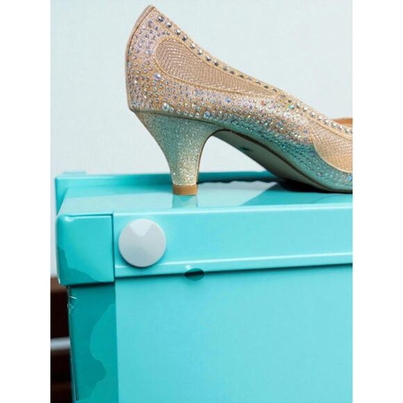 Lauren Lorraine Gold Rhinestone Peep Toe Heels Size 3 NIB Sparkly Formal Shoes - Picture 2 of 9